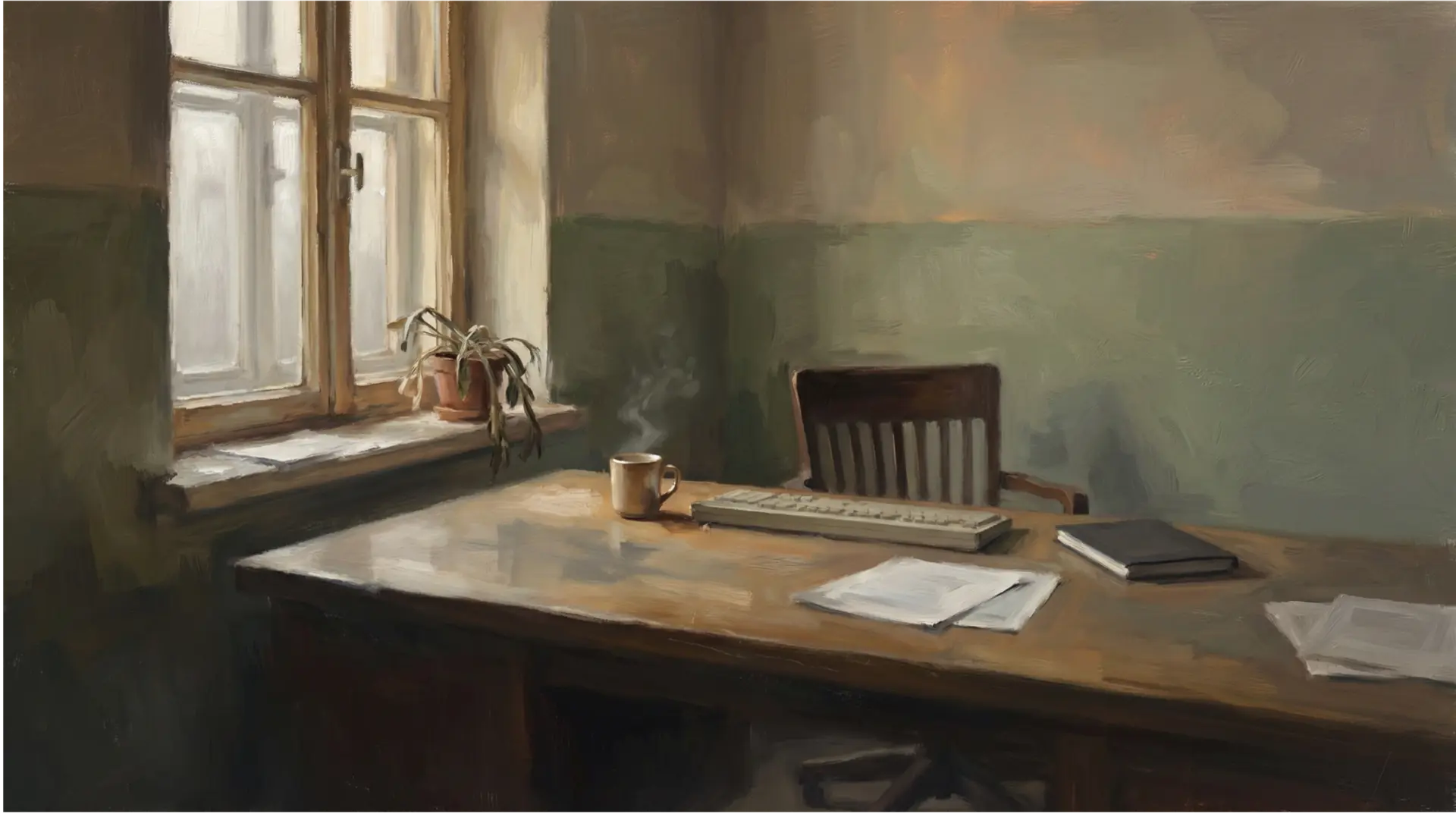 Uma cadeira vazia ao lado de uma mesa de trabalho